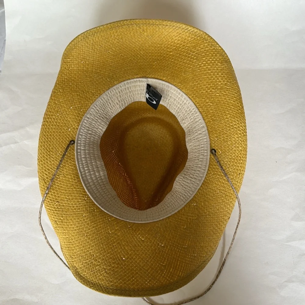 AUGUST Yellow Paper Straw Western Fedora Hat Elastic Band Cord String NWOT $75